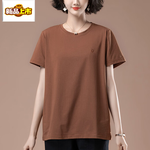 初径加肥加大码夏季新款宽松刺绣短袖t恤女中年妈妈休闲棉上衣体恤 9892咖啡 L 100-115斤