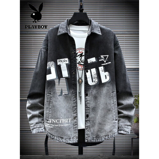 
Playboy (PLAYBOY) denim jacket spring and autumn new style junior high school boy teenagers men's handsome college jacket shirt top 9207 black (hat removable) M (90-105Jin [Jin equals about 0.5 kg])