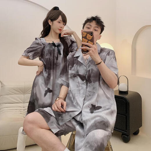 语森忆情侣睡衣一男一女夏季冰丝短袖透气睡裙感休闲大码家居服套装 KAD13076吊带裙-13077 均码 女M+男L