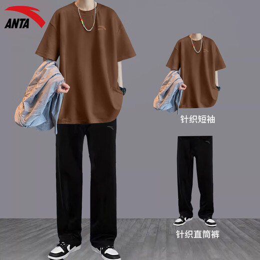 安踏运动套装男2025年夏新款纯棉短袖T恤长裤运动服青少年休闲两件套 【套装】-1纯净白 L/175