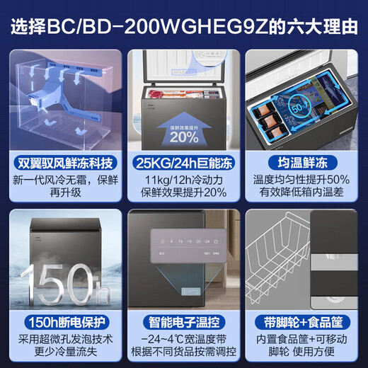 Haier air-cooled frost-free freezer household commercial freezer full freezer fresh-keeping refrigerator single temperature zone single door first-level energy efficiency energy-saving quick-freezing horizontal freezer deep-freezing small refrigerator first-level energy efficiency | electronic temperature control | -24 quick freezing 200L