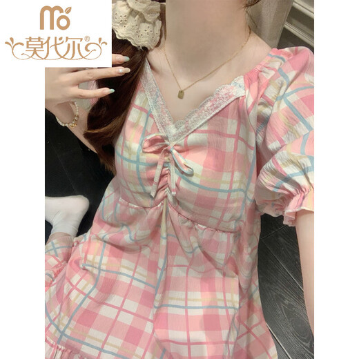 
Modal pink plaid pajamas for women in summer with chest pads sexy cute lace short-sleeved princess style nightgown 2025 home clothes 16864 pink flower green leaves fixed chest pad M 160