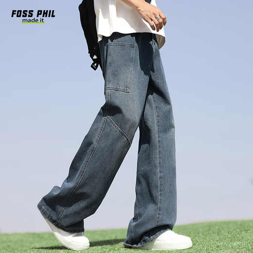 Foss Phil牛仔裤春夏季男士美式复古宽松弯刀直筒薄款阔腿裤G1105复古蓝XL