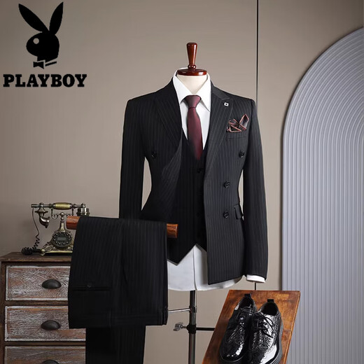 Playboy 2025 Winter New White Suit Suit Men's Business Formal Fit Stripe Suit Wedding Engagement Dress Morning Mist Gray Three-piece Suit 4XL 58