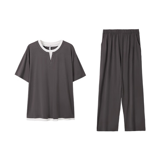 Anzhiban Great Cooling Pajamas for Couples Summer Loose Large Size Modal with Breast Pads Fake Two-piece Home Clothes Can be Weared Outside Brown Gray Male XL