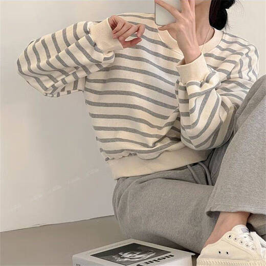 Opeodly条纹卫衣女短款2024年新款薄款韩版小众女装宽松春秋冬加绒上衣 9923卫衣 黑色 薄款 S 65-80斤