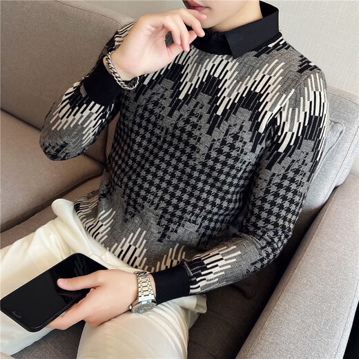 Xizunlong autumn and winter thick warm jacquard pattern shirt collar fake two-piece sweater men fashion casual pullover knit sweater men trend 9855 black M