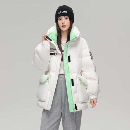 雪中飞【反季清仓】2025新款撞色克莱茵蓝工装大口袋女士中长款羽绒服 白色|8162 M /160/84A