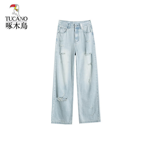 Specht hellblau zerrissene Jeans für Frauen 2025 Sommer dünne hohe Taille Lose kleine Bettlerversion Gerade Hose Hellblau-Molzen s für Gewicht 90-100 Jin [Jin gleich 0,5 kg]