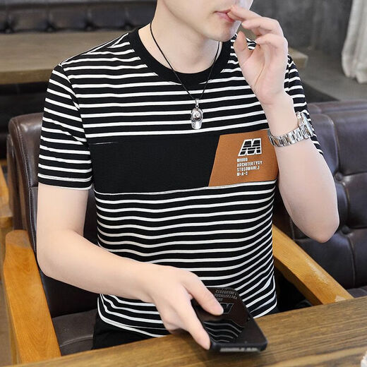 
Commander Bear 2025 short-sleeved T-shirt trendy striped men's versatile top Khaki breathable sweat-absorbing cotton 9898 M