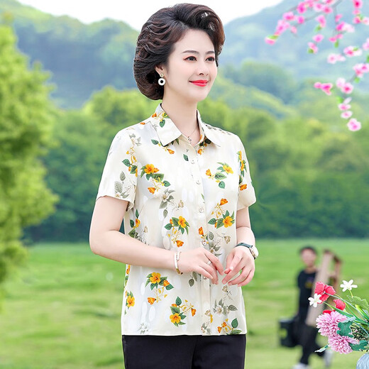Goldlion轻奢中老年冰丝短袖衬衫女夏季薄款宽松休闲衬衣妈妈奶奶印花睡裙 6623红色 XL 90-105斤