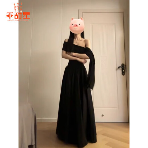 Good sweet star French temperament one-shoulder dress for women in 2025 summer new style slimming design black long skirt Ya black dance dress hot girl skirt S suggestion [80-95Jin [Jin equals 0.5 kg]]