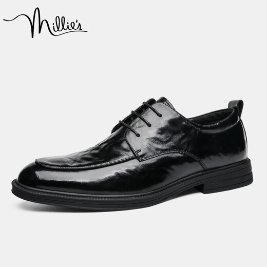 Millies first layer cowhide men's shoes British business casual shoes glossy retro men's wedding shoes leather shoes men U1291 black 40