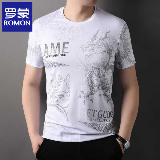 Romon (Romon) Mulberry Silkworm. Camiseta de manga corta para hombres en verano Nuevo seda de hielo Seda de hielo Medio de mediana edad y ancianos Tendencia elástica delgada de estampado delgado Negro 756 m 165 [Recomendado 95-120 Jin [Jin equivale a 0.5 kg]]]