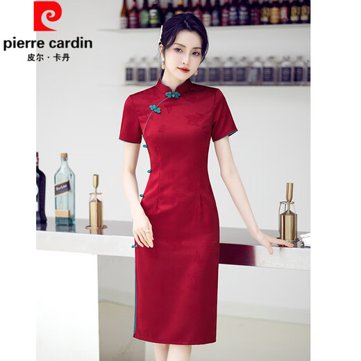 皮尔卡丹（pierre cardin）红色旗袍女2025夏季高考平时日常可穿喜妈妈婚宴礼服喜婆婆小个子 761 2XL