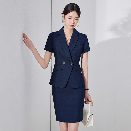 
Summer professional suit short-sleeved small suit collar coat for women new style hotel front desk workwear formal wear waist work new style blue suit + skirt (JY6210) L