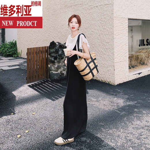 维多利亚的格调黑色通勤风吊带连衣裤套装女2025夏季新款气质时尚T恤长裤两件套 两件套 S
