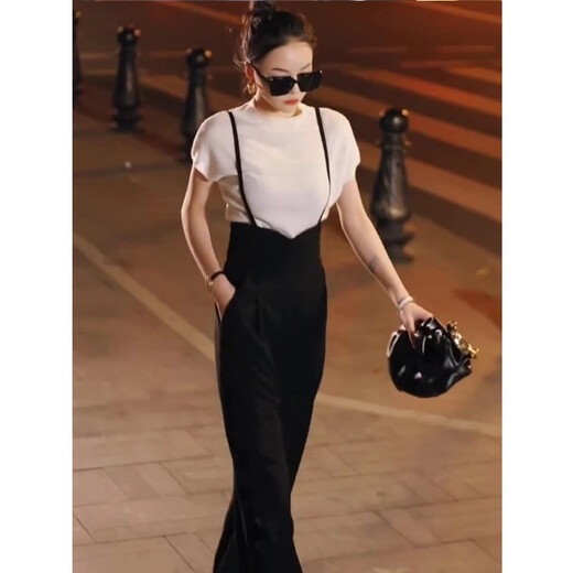 9922#【盐甜女孩】时尚气质洋气高腰裤小众设计显瘦宽松直筒背带 S(建议80-95斤)