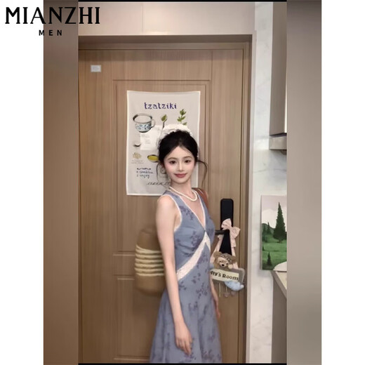 Cotton French Spitzenspitzen gespleißtes V-Ausschnitt Blumenkleid für Frauen im Sommer 2025 Neues kleines Temperament schlanker langer Rock 924 Lila Rosé [hohe Qualität 35,5] L 100-115jin [Jin ist 0,5 kg]