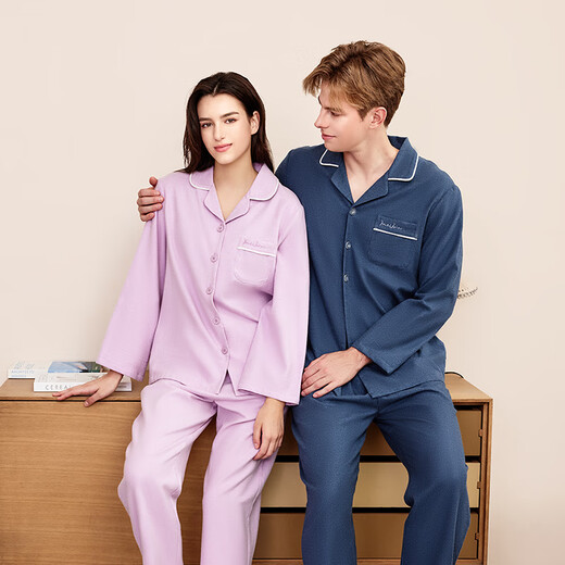 American Standard autumn and winter new woven cotton couple's long-sleeved pajamas women's lapel pure cotton men's home clothes Crystal Purple M