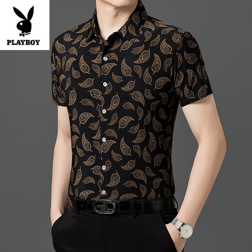 Playboy (PLAYBOY) 2025 Printed Shirt Men's Short Sleeve Top Summer Thin Casual Half Sleeve Shirt Jacket Men's Inch Shirt 9898 [Short Sleeve] L (170)