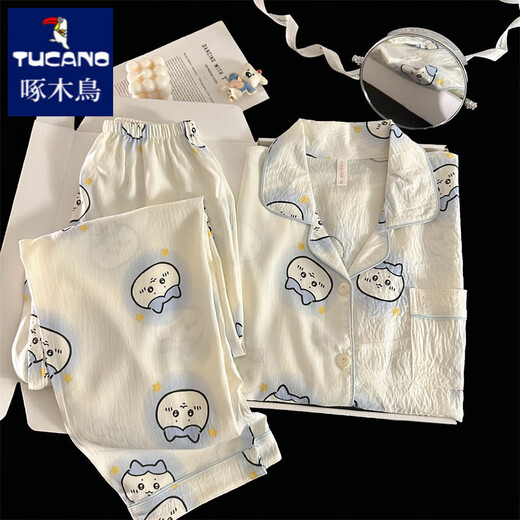 啄木鸟日系吉伊卡哇chiikawa睡衣女款夏季纯棉纱布可爱小八家居服三件套 云朵棉-J9901#乐园小狗三件套 M 【建议75-100斤】