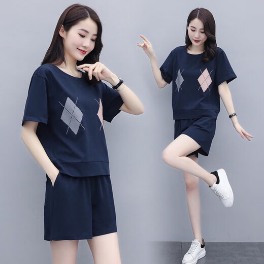 
Pier Cardin summer fat mm casual sports suit short-sleeved women's large size new fashionable shorts loose running suit two-piece set 687 navy blue M Recommended 80-95 Jin [Jin equals 0.5 kg]