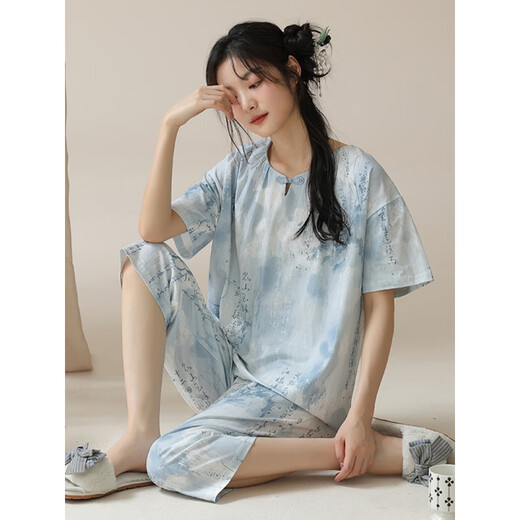 PMWRUN夏季新中式国风短袖睡衣套装女士棉家居服七分裤夏天薄款可外穿 LZY9901 M (建议75-95斤)