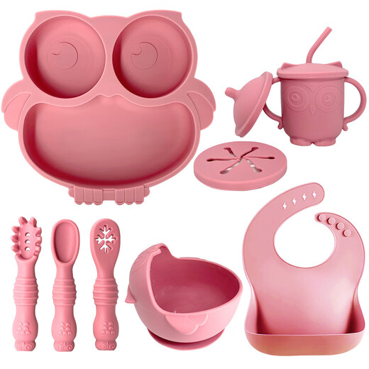 
Baby supplementary food silicone tableware set for children's silicone suction cup bowl baby spoon silicone meal plate owl meal plate beige-3 piece set for fork spoon