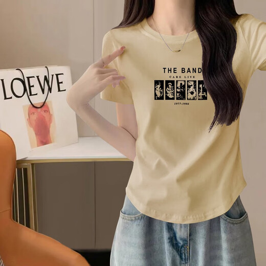 Gtyuwvg Camiseta de manga corta de algodón puro para mujeres 2025 Nuevo diseño curvado de verano y de moda top slim-slim estampado 6227 Curvado blanco Curvado S 80-100Jin [Jin es igual a 0,5 kg]
