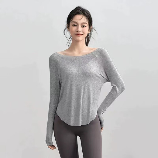 Bright dipped yoga clothes for women autumn new quick-drying loose Pilates training fitness tops sports long-sleeved blouse white hemp gray L /XL