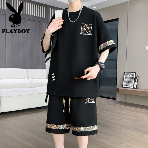 花花公子（PLAYBOY）夏季新款大码休闲运动套装男士短袖短裤两件套潮 【套装】6195：绿色 M (建议90-110斤)