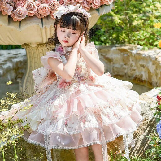 
Mikoshan girl Lolita Princess Dress Summer New Style Monet Garden Dress Flower Fairy Lolita Skirt [No Accessories] Pink + bow tail 140