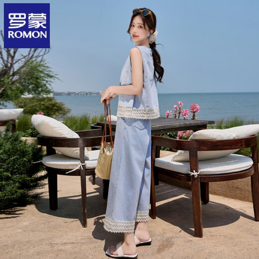罗蒙（ROMON）夏新款棉盐甜系女穿搭无袖薄款牛仔上衣休闲舒适阔腿长裤两件套 浅色 XL