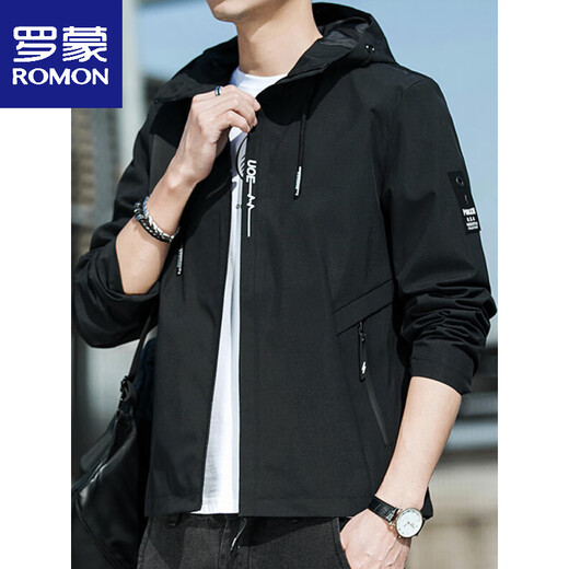 
ROMON spring jacket men's new spring and autumn hooded thin youth loose jacket short solid color jacket K12131 black M [recommended 100-110Jin [Jin equals 0.5 kg]]