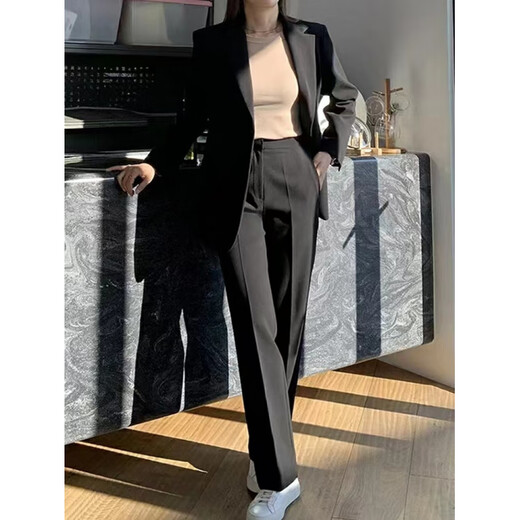 FANAOGE suit suit female college civil servant interview and defense professional wear shoulder pad suit jacket loose formal work clothes black spring and autumn style (suit jacket + white shirt + trousers) three-piece suit with shoulder pads