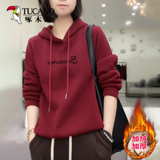 Woodpecker más sudadera con capucha engrosada de terciopelo para mujeres en primavera, otoño e invierno de mediana edad de mediana edad de carne adelgazante de carne para adelgazamiento (agregando terciopelo) M _ Sugerada 80-95 Jin [Jin equivale a 0.5 kg]