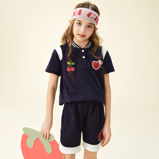 KT girls summer new style casual middle and large children's sports two-piece suit navy blue 753 110 110 size