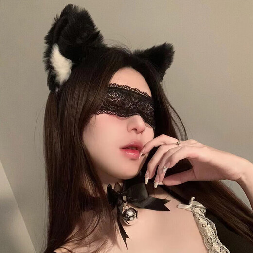 Nianfu cat ear headband for women, bell collar, black cat ear headband for women, rabbit ear headband, Mid-Autumn Festival gift for girls, headband + eye mask + lace collar