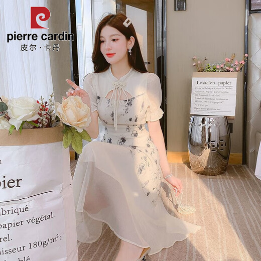 皮尔卡丹（PIERRE CARDIN）复古国风新中式改良旗袍连衣裙2025夏季新款时尚印花假两件套裙子 6169-杏色 S
