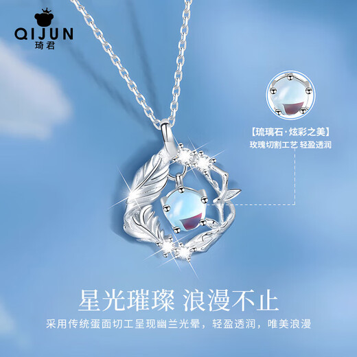 Qijun Blue Eucalyptus and Bird S925 Silver Necklace Girls Silver Pendant Anniversary Birthday Gift for Girlfriend and Wife