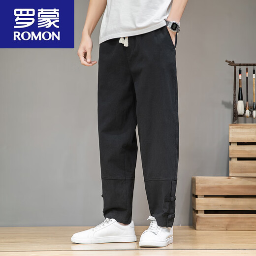 ROMON Chinese style folding linen men's pants summer loose harem pants Tang suit cotton linen casual pants straight trousers white [MK983 striped style] M -120Jin [Jin equals 0.5 kg]