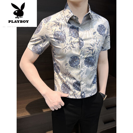 花花公子（PLAYBOY）男士花衬衫短袖夏季2025新款夏装冰丝痞帅修身印花碎花衬衣男新品 蓝色 9885 M 【建议115斤以内】