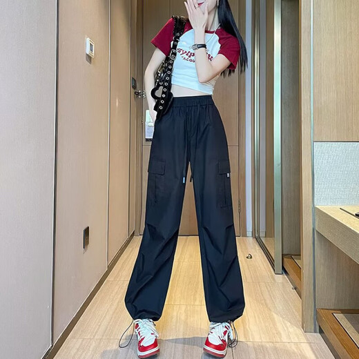 Lässige einfache Dopamin-Verschleiß-Arbeitshose für Frauen im Frühling und im Sommer Drawess Hip-Hop Dünne Drop-Feel Weitbein-Bodenhose My-689 Black XL