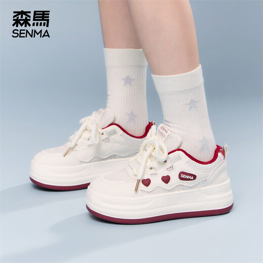 森馬小白鞋女鞋面包鞋2025新款夏季网面透气户外运动鞋增高百搭休闲鞋 米紫色 38