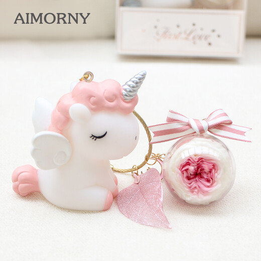 Aimorny Eternal Flower Rose Einhorn Schlüsselbund Geschenkbox Praktische herzzerreißende chinesische Valentinstagsgeburtstagsgeschenk für Freundin