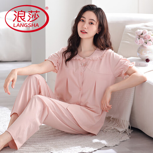 LangSha pajamas (LangSha) women's pure cotton sweet age-reducing with chest pads and feels temperament loose short-sleeved trousers princess style home clothes 694 shrimp powder (with chest pads) M [Suggested 90-110Jin [Jin equals 0.5 kg]]