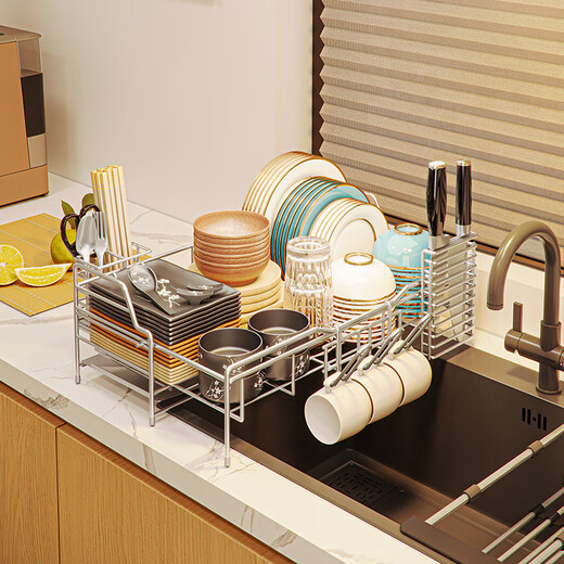 Jijian Space Kitchen Bowl Rack Drain Rack Countertop Multi-functional Pool Place Chopsticks Water Cup Storage Rack Tableware Bowl Dish Storage Rack M688 Small Single Layer Silver Gray 47CM Full Set of Pendants