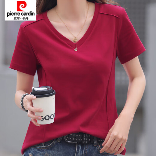 Pierre Cardin 2025 Neue Mode Casual V-Ausschnitt Pure. Baumwollschulter kurzärmeliges T-Shirt für Frauen im Sommer Korean New Lose Black Short Burgund (9855 Baumwolle) S 85-95jin [Jin entspricht 0,5 kg]