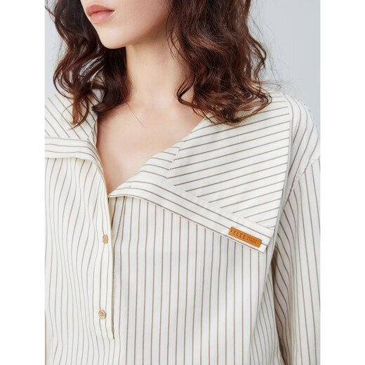 ELLE brown striped texture irregular lapel shirt for women 2025 autumn new design niche shirt striped L